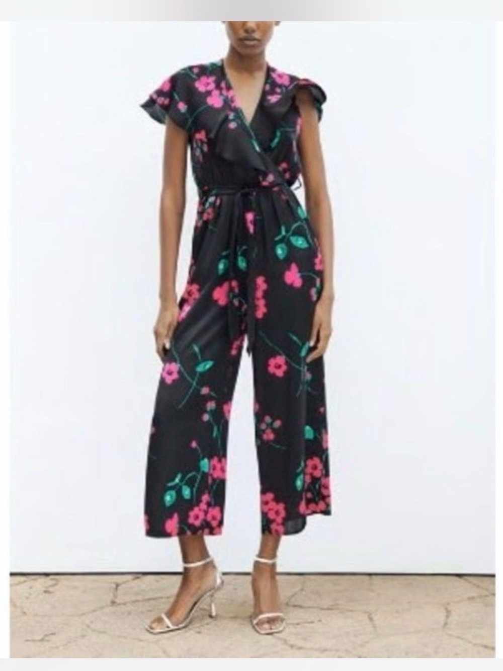 Zara Black Floral Wrap Jumpsuit with Pink & Green Accents